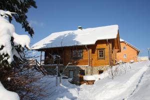 a log cabin with snow on the roof at Ferienzimmer König in Breitenbrunn