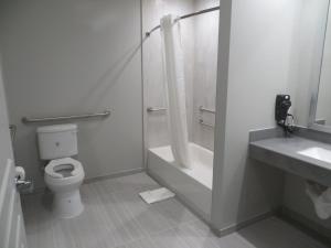 een badkamer met een douche, een toilet en een wastafel bij Crystal Inn - Sugarland in Sugar Land