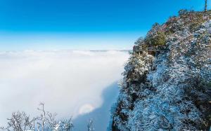 a group of people standing on top of a mountain above a layer of clouds at Zhangjiajie Jijiehao Inn in Zhangjiajie