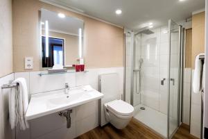 a bathroom with a sink and a toilet and a shower at Apartments Butterfly Zermatt in Zermatt +27 photos