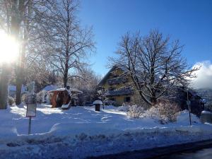 a snow covered yard with a house with the sun shining at Maier Pension in Bayerisch Eisenstein