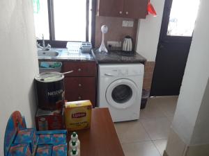 a kitchen with a washing machine and a sink at Marina's Rooms in Larnaca