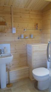 a wooden bathroom with a toilet and a sink at Lochinvar - Highland Log Cabin with Private Hot Tub in Airdrie
