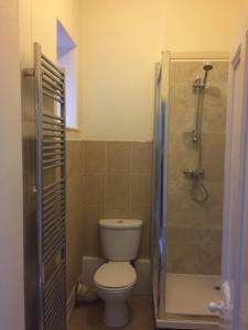 ein kleines Badezimmer mit Toilette und Dusche in der Unterkunft Apartment close to Pavilion gardens in Buxton