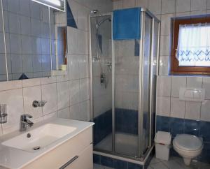 łazienka z prysznicem, umywalką i toaletą w obiekcie Ferienhaus Sporer w mieście Iselsberg +37 zdjęć