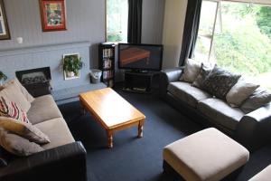 a living room with a couch and a tv at The Flaming Kiwi Backpackers in Queenstown