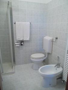 a bathroom with a toilet and a shower at Hotel Alla Dolina in Sistiana