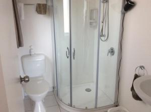uma casa de banho com um chuveiro, um WC e um lavatório. em Noah's Boutique Accommodation Moeraki em Moeraki