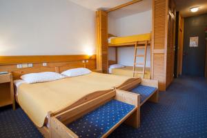 a bedroom with two bunk beds and a ladder at Hotel Špik in Kranjska Gora