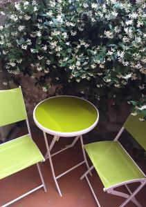 モンテロッソ・アル・マーレにあるMonterosso al Mare 20の緑の椅子2脚と茂みの横のテーブル