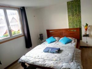 una camera da letto con un letto con cuscini blu e una finestra di Les Jardins Créoles a Cilaos