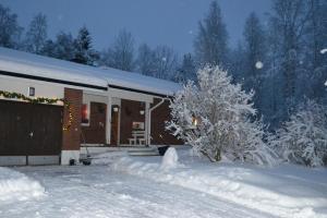 ロヴァニエミにあるHouse Olkka by the riverの家の前は雪に覆われている