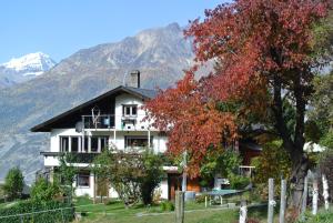 a large white house with mountains in the background at Fortuna in Bürchen