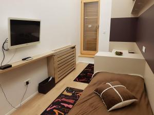 a bedroom with a bed and a tv on a wall at Engadin's 2BDR Apartment The View in Bjelašnica