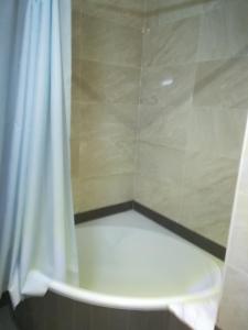 um chuveiro com uma banheira branca e uma cortina de chuveiro em Loft Aziz em Tunes