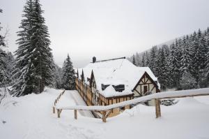 a log cabin in the snow with trees at Apartmany Alectis in Pec pod Sněžkou