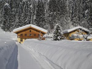 une cabane en rondins recouverte de neige avec une allée couverte de neige dans l'établissement Velbenhof, à St. Johann in Tirol