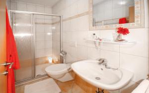 a bathroom with a toilet and a sink and a shower at Holzmannhof in Flachau