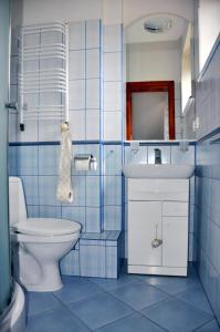 W wyłożonej niebieskimi kafelkami łazience znajduje się toaleta i umywalka. w obiekcie Klimbergowice w mieście Sztum