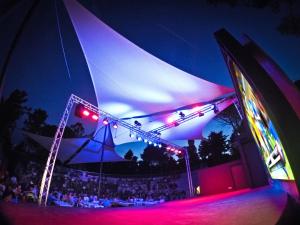 Eine Bühne mit vielen Menschen in der Nacht in der Unterkunft Camping Taxo Les Pins in Argelès-sur-Mer