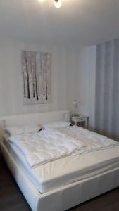 ハーネンクレー・ボックスヴィーゼにあるFerienwohnung Steffens Hahnenklee Wohnung 25の白いベッドが備わる壁画のあるベッドルームです。