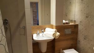 a bathroom with a sink and a shower and a toilet at Studio Centrum Ratusz in Częstochowa +12 photos