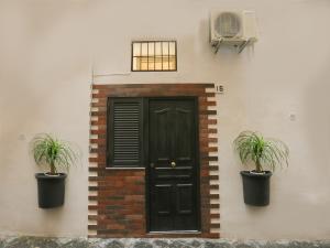 een zwarte deur en twee potplanten op een gebouw bij Santa Chiara Maison in Napels