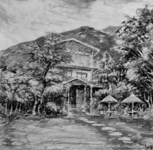 un dibujo de una casa en un cuadro en The Rippling Vale Homestay, en Puli