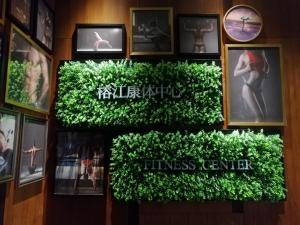 a green wall in a room with pictures at Rongjiang Hotel in Jieyang