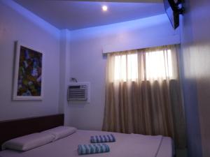 1 dormitorio con 1 cama y ventana con visor de ventanas en Anthurium Inn, en Mactan