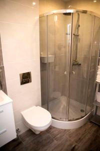 bagno con doccia e servizi igienici. di Amazing Apartment, City Centre, Modern, Elegant, Cozy a Cracovia