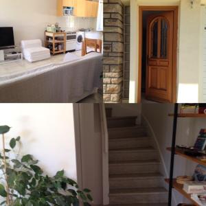 three pictures of a hallway with a staircase and a door at Maison Gite Albi in Albi