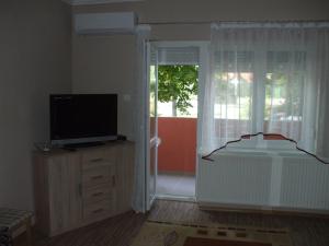 a living room with a tv and a window at Anikó Apartman in Siófok