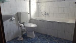 a bathroom with a toilet and a tub and a sink at Frau Holle-Land-Hotel Witzenhausen in Witzenhausen +35 photos