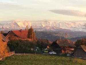 un pueblo con montañas en el fondo con un coche en Alpenblick Ferenberg Bern, en Stettlen