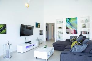 sala de estar con sofá azul y TV en Villa Blue Lagoon - Perle des Salines, en Saint-François