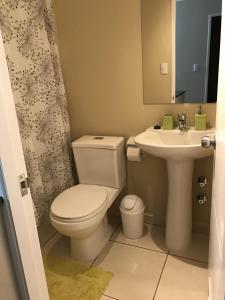 a bathroom with a toilet and a sink at Casa Los Robles in Pucón +7 photos