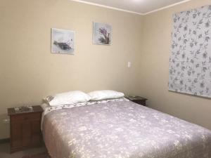1 dormitorio con 1 cama y 2 cuadros en la pared en Casa Los Robles, en Pucón