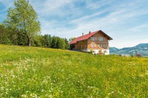 ein Haus auf einem Hügel auf einem Blumenfeld in der Unterkunft Chalet Hageberg ab Mai freie Fahrt mit Bergbahnen in Bolsterlang