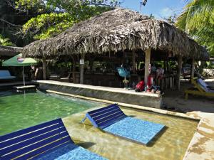 two blue lounge chairs in a swimming pool with a straw hut at Skully's House in Bocas Town
