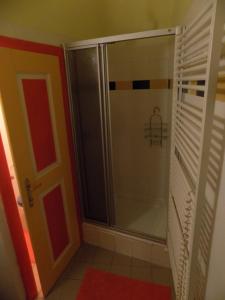 eine Dusche mit einer Glastür in einem Badezimmer in der Unterkunft Apartmán Latrán 15 in Český Krumlov