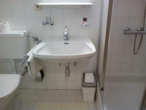 a white bathroom with a sink and a toilet at Hotel zum goldenen Hirschen in Göstling an der Ybbs
