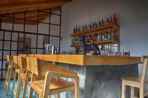a bar with a wooden counter with a horse on it at La Tozi Hotel in San Cristóbal de Las Casas