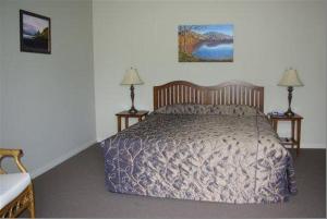 a bedroom with a bed and two lamps on two tables at Tui Lodge in Turangi