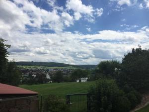 a view of a green field and a city at Ferienwohnung Am Galgenberg in Michelstadt