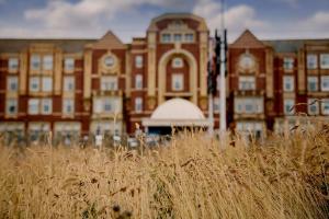 a tall field of tall grass in front of a building at Cliffs Hotel in Blackpool