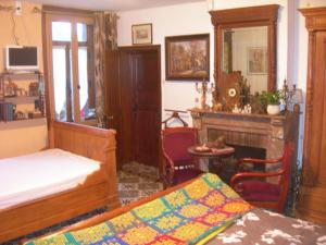 a bedroom with a bed and a mirror and a fireplace at La Fermette de la Vache Rousse in Rosult