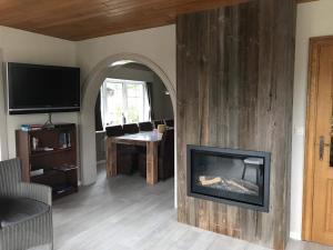 a living room with a fireplace and a television at Villa Fernley in De Panne