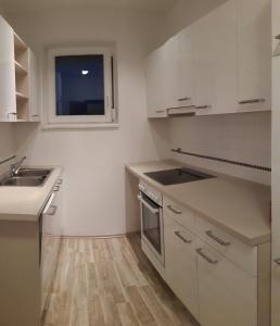 a kitchen with white cabinets and a sink and a window at Haus Christof in Ledenitzen