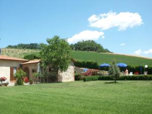 une cour avec une maison et une colline verdoyante dans l'établissement Agriturismo San Maurizio Anna by ToscanaTour, à Ponteginori
